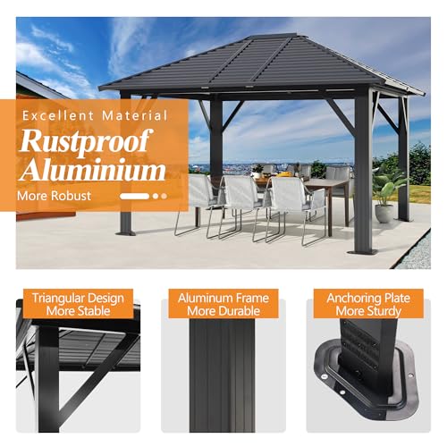 GARTOO 10' x 12' Patio Hardtop Gazebo - Outdoor Metal Hard Top with Breathable Mesh, Galvanized Steel Top Gazebo for Garden, Lawn, Outdoor Party (Black) GARTOO