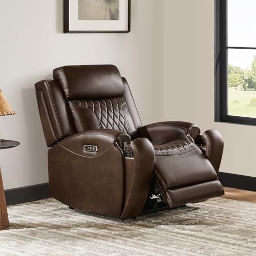 CHITA Genuine Leather Recliner Chair for Adults with Adjustable Power Headrest, Lay Flat Power Recliner with Slide-Out Cupholders & USB/Type-C Ports, Living Room Chair, Brown CHITA