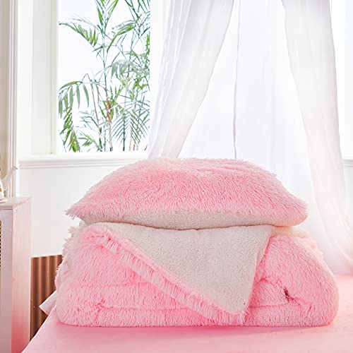 Flysheep Luxury Faux Fur Shaggy Comforter Set Twin Size, Plush & Sherpa Reversible Comforter Pink, 3 Pieces Fluffy Fuzzy Bedding Set Ultra Soft and Warm for Kids (1 Comforter + 2 Pillowcases) Flysheep