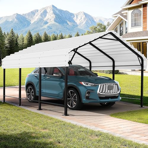 JAMFLY Carport, 12X15 FT Metal Carport, Heavy Duty Carport Canopy with Galvanized Steel Roof and Frame, Metal Car Garage Upgraded Extra Large Garage for Pickup, Boat, Car and Tractors, White JAMFLY