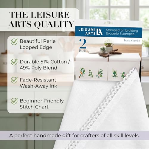 LEISURE ARTS Stamped Tea Towel with Perle Edge, Herb Garden, 2 Pack, 17x28 Inch, Percale Stamped Embroidery Fabric, DMC Anchor Coats Floss Guide