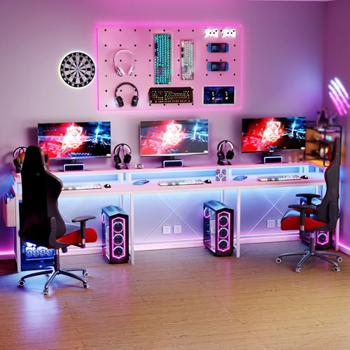 Loumernhant U Shaped Gaming Desk, 79" Reversible U Shaped Desk with Power Outlets, LED Lights, Monitor Stand & Storage Shelves, Corner Office Desk for Home Office, Gaming, Workstation (Pink) Loumernhant