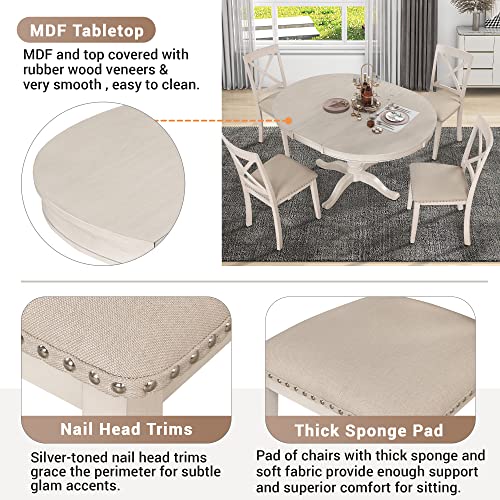Extendable Dining Table Set for 4, 5 Piece Kitchen Table and Chairs Set, 4 X-Back Solid Wood Dining ChairSet, Industrial Oval Round Dining Table for Small Space, Apartment, French Country White SCANORDIC
