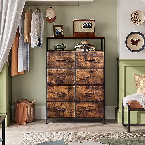 WLIVE Fabric Dresser for Bedroom with Open Shelves, Tall Dresser with 8 Drawers, Storage Tower with Fabric Bins, Chest of Drawers for Closet, Hallway, Rustic Brown Wood Grain Print WLIVE