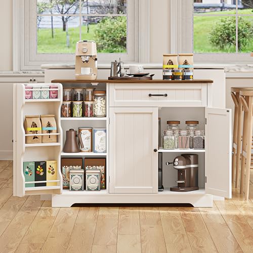 Gizoon Kitchen Coffee Bar Cabinet with Storage Kitchen Sideboard Buffet Cabinet with Drawers, Short Pantry with Door and Shelves for Bathroom and Living Room, White and Rustic Gizoon