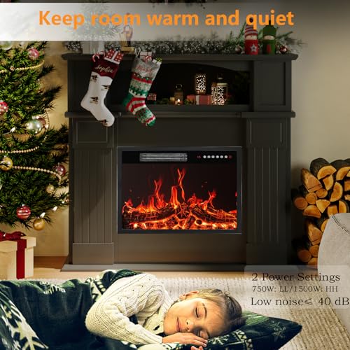 BOSSIN 43" Electric Fireplace with Mantel, 23 inch Electric Fireplace Insert, Freestanding TV Stand with Fireplace Heater,Wooden Surround Firebox Faux Log & Led Flames, Remote Control,750W/1500W Black BOSSIN