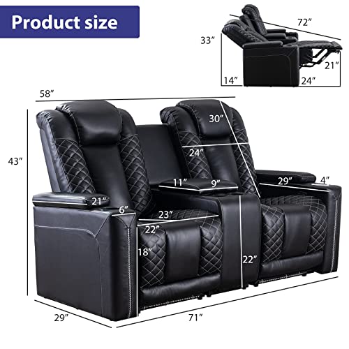 CANMOV Home Theater Seating, Electric Power Recliner Chairs with USB Ports and Cup Holders, Breathable Faux Leather Recliner Set with Hidden Arm Storage, Ambient Lighting (Row of 2, Black) CANMOV