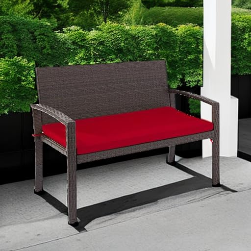 Best Choice Products Outdoor Bench 2-Person Wicker Garden Patio Benches Seating Furniture for Backyard, Porch w/Seat Cushion, 700lb Capacity - Brown/Red Best Choice Products