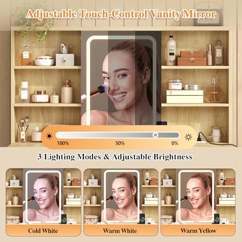 47'' W Large Vanity Desk with Mirror and Lights, 8 Storage Shelves 7 Drawers Vanity Table, Big Makeup Vanity Desk with 3 Lighting Modes, Vanity Dresser with Charging Station, Sliding Mirror (Natural) knoworld