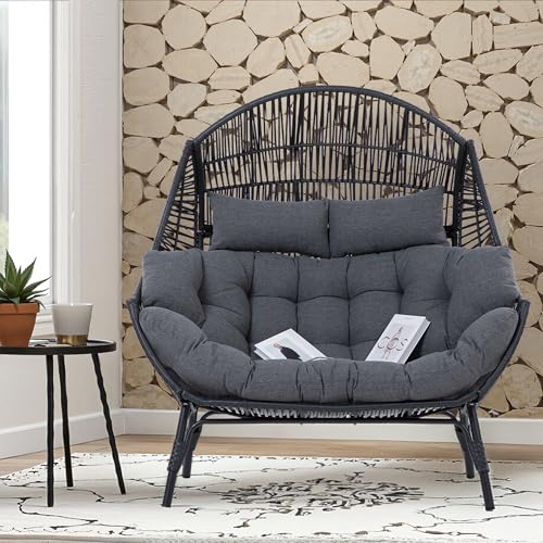 IRONCK Double Egg Chair Outdoor, 2 Person Wicker Lounge Chair, Oversized Thickened Padded Cushions and Headrests, 680 Lbs Egg Loveseat for Indoor, Patio, Living Room, Porch, Balcony, Dark Grey IRONCK