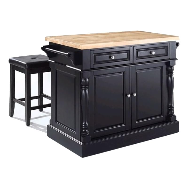 Pemberly Row Wood Butcher Block Top Kitchen Island with Square Stools in Black Pemberly Row
