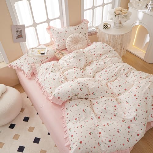 HighBuy Strawberry Print Comforter Set Twin XL Cute Fruit Bedding Set Ruffle Comforter with 2 Pillowcases Fluffy Reversible College Girl Bedding Comforter Set for All Seasons HighBuy