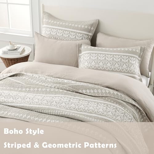 Qiqiong Boho Quilt Set Queen Size - 100% Cotton Boho Striped Quilt Bedding Set - Beige and White Bohemian Quilt Set with Shams 3 Piece - All-Season Lightweight Coverlet & Bedspread Set Qiqiong