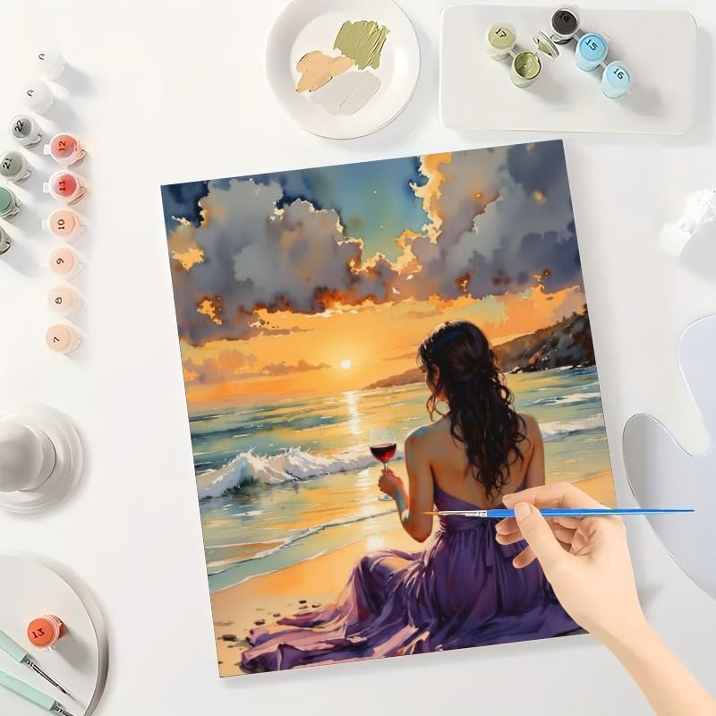 Romantic Paint by Numbers Kit for Adults - DIY Woman Watching Sunset with Wine Glass Painting on Canvas 16x20 Inches, Acrylic Paint Set, Suitable for Beginners, Beach Art for Home Decoration TAOPAOLAB