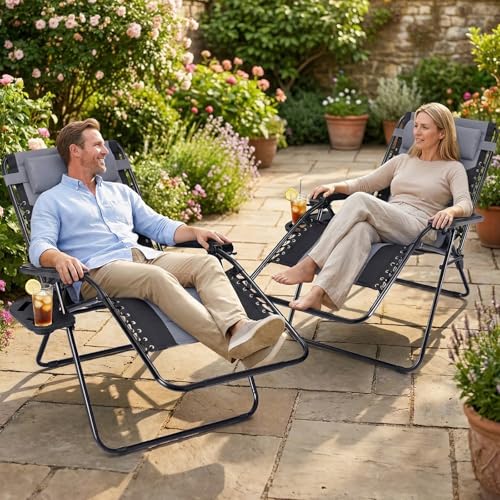 Sweetcrispy Zero Gravity Chairs, Foldable Patio Reclining Chairs with Adjustable Pillow & Cup Holder, Oversized Portable Support 400 lbs, for Backyard Camping(Black-Gray)
