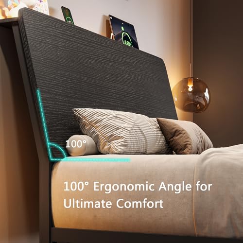 Einhomn Twin Bed Frame with Ergonomic Wooden Storage Headboard, LED Bed Frame with Charging Station, 12" UnderBed Storage, Heavy-Duty Metal Base, No Box Spring Needed, Easy Assembly, Black Einhomn