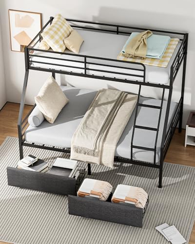 Mixcous Bunk Beds Twin Over Full Size, Heavy Duty Bunk Beds with 2 Storage Drawers, Safety Guardrails & Padded Ladder, Twin Over Full Bunk Bed, No Box Spring Needed, Black Mixcous