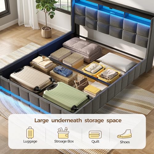 Rolanstar Bed Frame Full Size with Lift Up Storage, Charging Station & LED Lights, Upholstered Storage Headboard, Heavy Duty Wooden Slats, No Box Spring Needed, Noise Free, Easy Assembly, Dark Grey Rolanstar