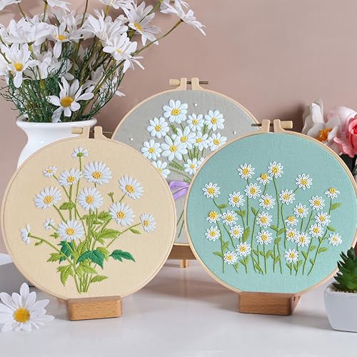 KEKEMEOW 3 Sets Embroidery Kit for Beginners, Stitches with Wild Flower Patterns, DIY Cross Stitch Kits for Adults, Needlepoint Hand Embroidery Kit with Stamped Pattern、Instruction、Hoop
