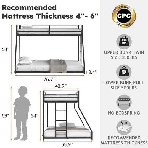 Zevemomo Twin Over Full Bunk Bed, Metal Low Profile Bunkbeds with Full-Length Guardrail and Ladder, Space Saving, No Boxing Spring Needed, Black Zevemomo