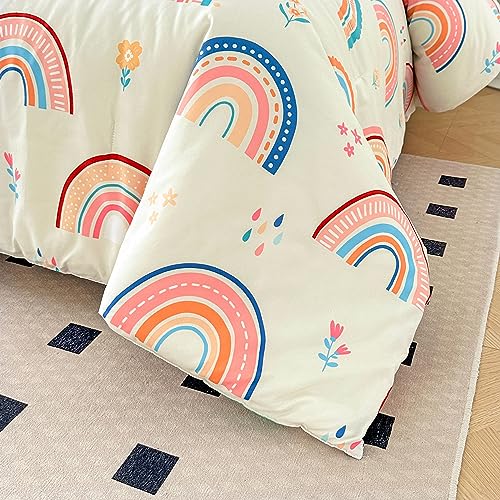 Btargot Lightweight Soft 3 Piece Rainbow Comforter Set with 2 Pillow Covers, Cartoon Love Hearts Flowers and Grass Bedding Set for Girls Boys Kids, Twin Multi-Color Btargot