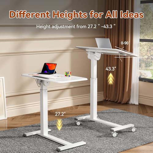 JYLH JOYSEEKER Mobile Standing Desk, Height Adjustable Left/Right Overbed Bedside Table, 90° Tiltable Portable Laptop Desk with Wheels, Foldable Computer Cart for Hospital Home Use, White JYLH JOYSEEKER