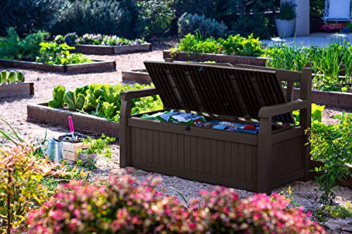 Keter Solana 70 Gallon Storage Bench Deck Box for Patio Furniture, Front Porch Decor and Outdoor Seating – Perfect to Store Garden Tools and Pool Toys, Brown/Brown Keter