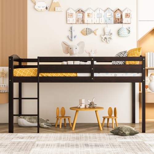 KOTEK Twin Loft Bed, Solid Wood Low Loft Bed for Kids with Ladder & Guard Rails, No Box Spring Needed, Space-Saving Loft Bed Frame for Boys & Girls (Espresso) KOTEK