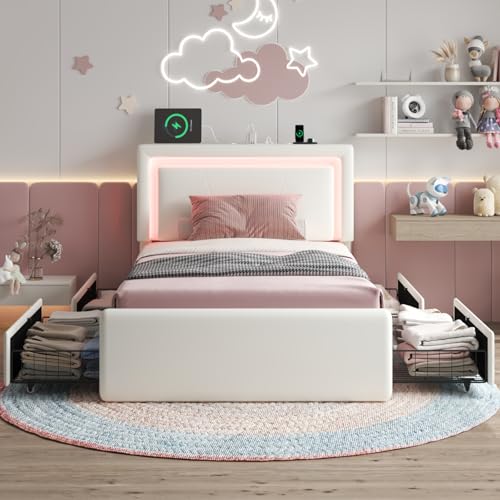LoVinson Twin Size Bed Frame with 4 Storage Drawers, Charging Station and LED Light, Adjustable Upholstered Headboard, Noise-Free, No Box Spring Needed, Easy Assembly, White LoVinson