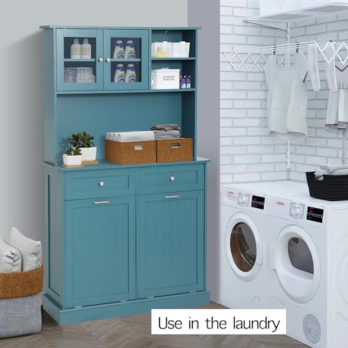 LOUVIXA Kitchen Pantry Storage Cabinet, Microwave Cabinet with Tilt Out Trash Cabinet, Freestanding Kitchen Hutch,Tall Pantry Cabinet Cupboard (Blue) LOUVIXA