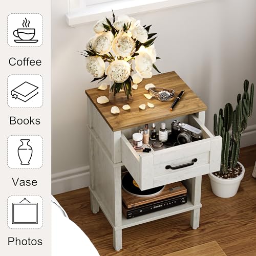 YAUKTAK White Farmhouse Nightstand with Drawer, Small Wooden Bedside Table, White End Table, Bedroom Side Table with Storage, Rustic Wood Night Stand LET512WR YAUKTAK