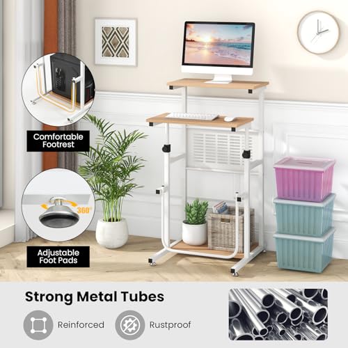 Tangkula Small Standing Desk, Height Adjustable Teacher Podium Stand, Compact Standing Table Lectern Podium, Laptop Desk with Footrest, Suitable for Sitting or Standing Tangkula