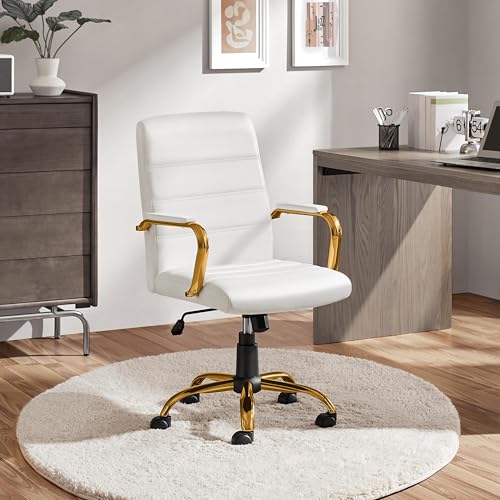 Yaheetech Mid-Back Office Chair PU Leather Desk Chair Adjustable Executive Task Chair w/Lumber Support Gold Leg White Seat Yaheetech