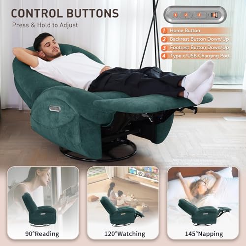 EONIX Stylish Power Swivel Rocker Recliner Chair for Living Room, Rocking All Positions, Dual Motor Independently Controlled Backrest and Headrest, USB Charging Port, Green, SXXY005021