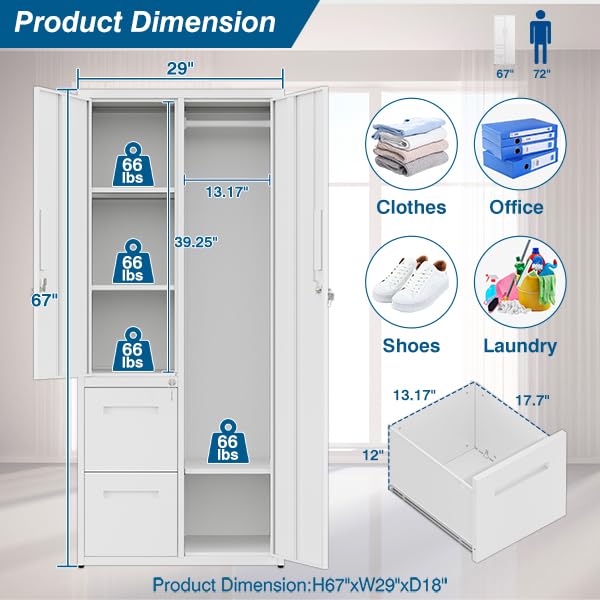 PEUKC Metal Storage Cabinets with Locking Doors, 67" Freestanding Clothing Coat Storage Wardrobe Lockers for Office, Home, School, Garage, Gym (White) PEUKC