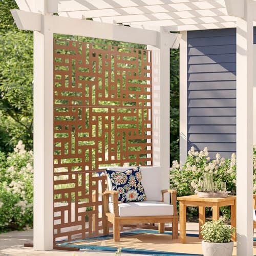 VEVOR Metal Privacy Screen, 36" W x 72" H, Outdoor Privacy Screens & Panels, Freestanding Outdoor Divider with Stand, 3-Panel Decorative Garden Steel Privacy Fence for Balcony Patio Indoor Room Brown VEVOR