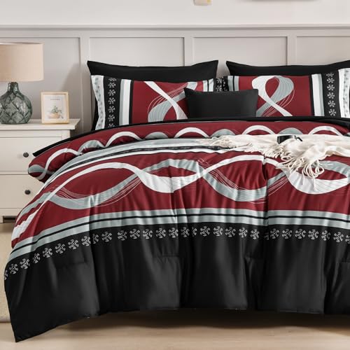 Anibedding Burgundy Comforter Set King Size,8 Pieces Bed in a Bag Patchwork Striped Bedding Sets,Boho Soft Microfiber Bedding Set for All Season(104"×90") Anibedding