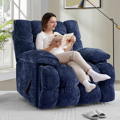 VIKAYAMICS Oversized Rocker Recliner Chair 42” Power Swivel Recliner for Living Room Overstuffed Extra Wide Rocking Recliners with Breathable Soft Fabric Up to 400lbs(Manual Blue)