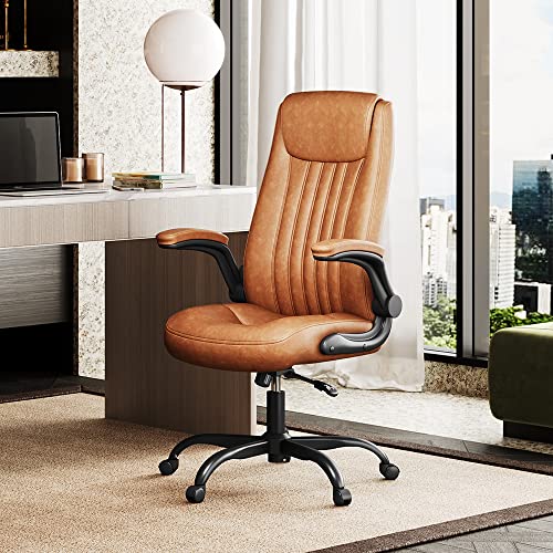 DEVAISE Executive Chair Computer Office Chair, High Back Ergonomic Desk Chair with Adjustable Flip-up Armrests, Lumbar Support and Thick Headrest, Brown DEVAISE