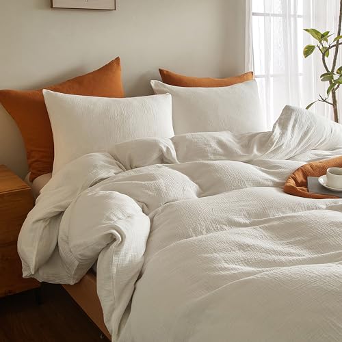SE SOFTEXLY Muslin Duvet Cover Queen Size, 100% Washed Cotton Duvet Cover Set, Ultra Soft Comforter Cover Linen Like, 3 Pieces Minimalist Gauze Duvet Cover with 2 Pillowcases, 90"x90", White SE SOFTEXLY