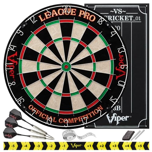Viper League Pro Regulation Bristle Steel Tip Dartboard Starter Set with Staple-Free Bullseye, Radial Spider Wire, High-Grade Sisal with Rotating Number Ring, Chalk Cricket Scoreboard, Steel Tip Darts Viper