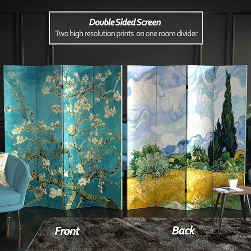 Red Lantern Double Sided Works of Van Gogh Canvas Folding Screen - Almond Blossoms/Wheat Field, 6 ft Tall - 4 Panel Red Lantern