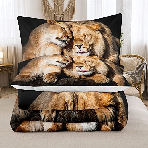 Bodhi Lover Couple Lion Comforter Set King Soft Microfiber Lion Bedding Set King Size Animal Comforter Set with Pillowcases,1 Comforter+2 Pillow Shams #4004 Bodhi