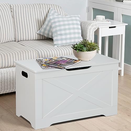 Timberer Storage Chest, Wooden Storage Bench, Entryway Shoes Bench with 2 Safety Hinges, Retro Storage Trunk for Living Room, Bedroom, 15.7 x 31.5 x 18.9 Inches, White Timberer