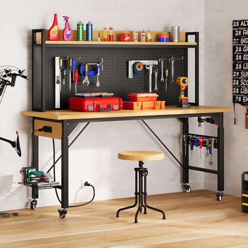 DWVO 60" Adjustable Workbench with Pegboard, Heavy Duty Wood Top Work Bench with Wheels, 1600 LBS Load Capacity, Rolling Work Table with AC/USB Outlet, Hooks, Rack for Garage, Workshop, Office, Home DWVO