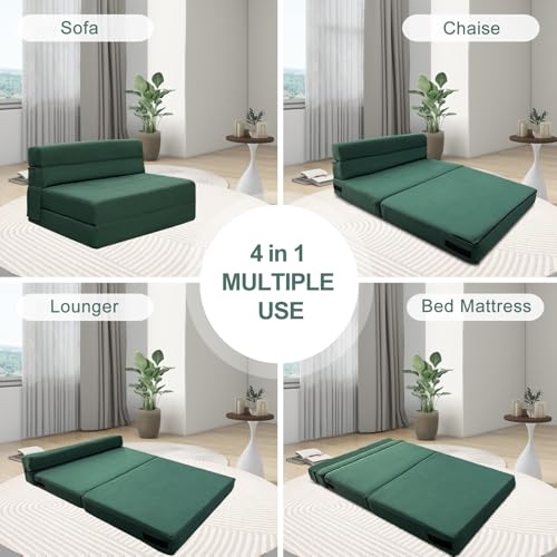 ANONER Fold Out Couch Bed Memory Foam Sleeper Chair with 2 Pillows, Queen Size Futon Couch Guest Convertible Chair Bed, Washable Cover, Dark Green ANONER