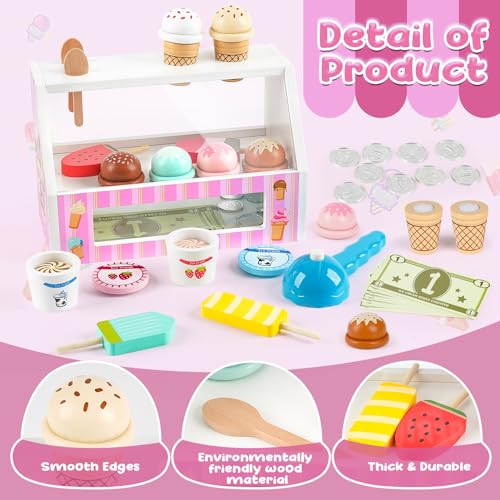 Dreamon Ice Cream Counter Playset for Kids, 38 PCS Wooden Ice Cream Set Shop for Toddlers 3-5, Toddler Pretend Play Toy, Christmas Birthday Gift for Boys and Girls Dreamon