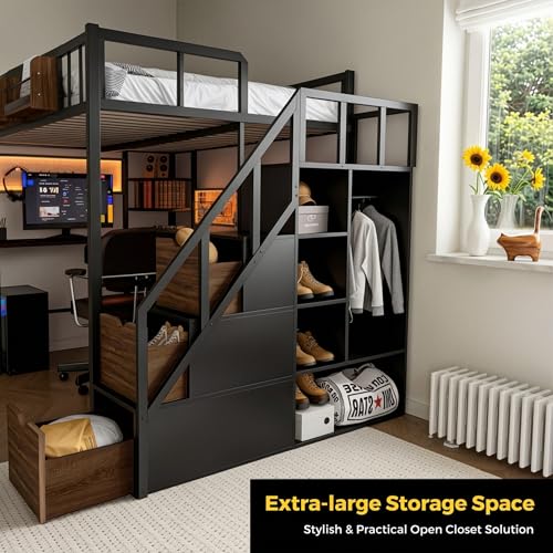 Full Size Loft Bed with Desk and Stairs, Headboard, Wardrobe, Bedside Storage Shelf, 6 Drawers, Charging Station & LED Light, Metal Gaming Loft Bed Frame for Adult Space-Saving, Black & Walnut Kikihouse