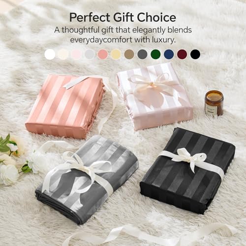 BEDELITE Satin Sheets Queen Size, Luxury Jacquard Striped Dark Grey Bedsheets with Elastic Corner Straps, Similar to Silk Sheets Set 4 PC with 1 Deep Pocket Fitted Sheet, 1 Flat Sheet, & 2 Pillowcases BEDELITE