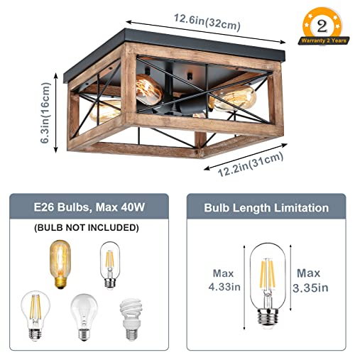 eyassi Wooden Flush Mount Ceiling Lights, 4-Light Farmhouse Close to Ceiling Lighting Fixtures Black Ceiling Lamp for Kitchen Island Living Room Bedroom Hallway Laundry Entryway eyassi